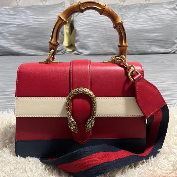 New Gucci Dionysus  New Striped Bamboo-Top Handle Medium Red Blue White - Picture 1 of 6